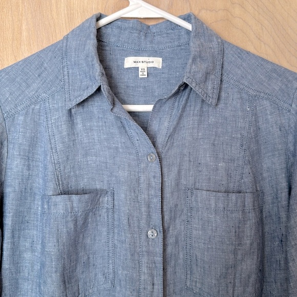 MAX STUDIO Linen Shirt Dress XS Tab Sleeve Button Down Denim Look - Picture 9 of 9